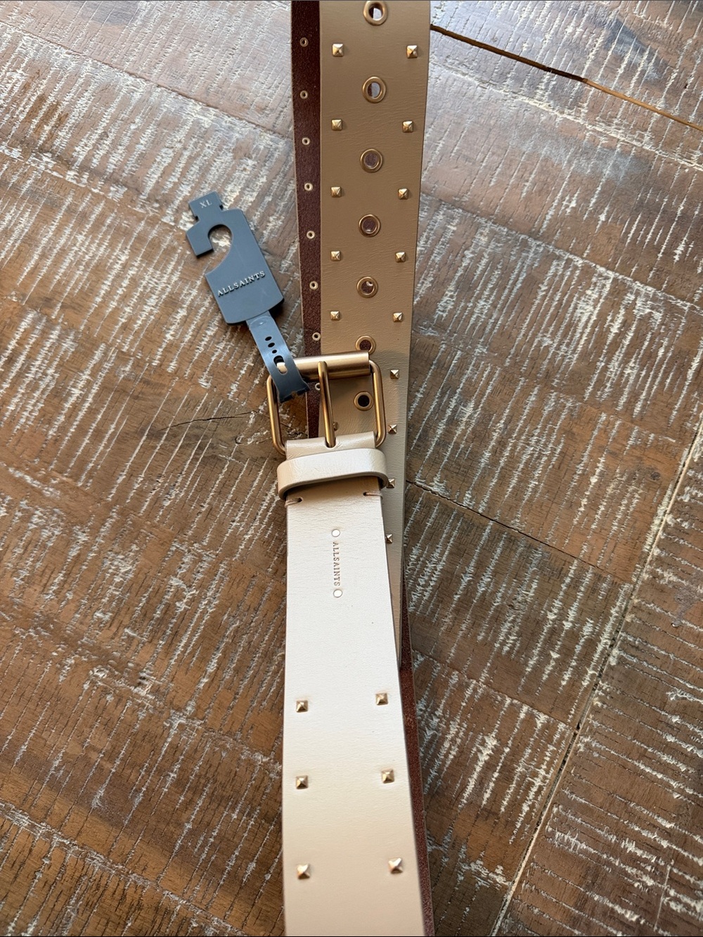 AllSaints Two-Tone Studded Leather Belt with Gold Buckle